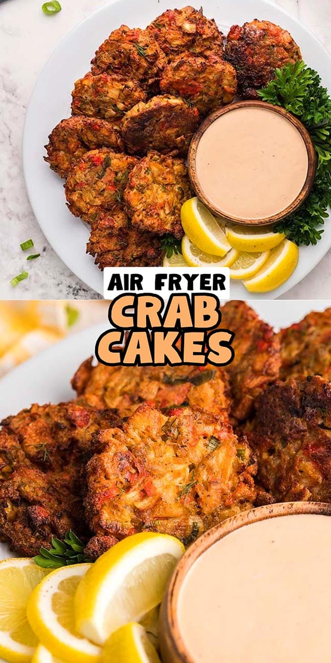 Plate of crab cakes with dipping sauce, lemon wedges, and parsley, labeled “Air Fryer Crab Cakes.”.