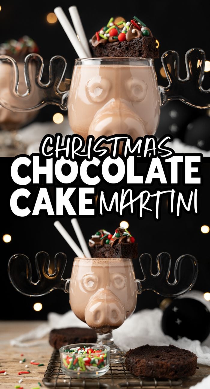 A festive Christmas Chocolate Cake Martini served in a moose glass, topped with cake, candy canes, colorful sprinkles, and a splash of milk for a creamy boozy holiday drink.