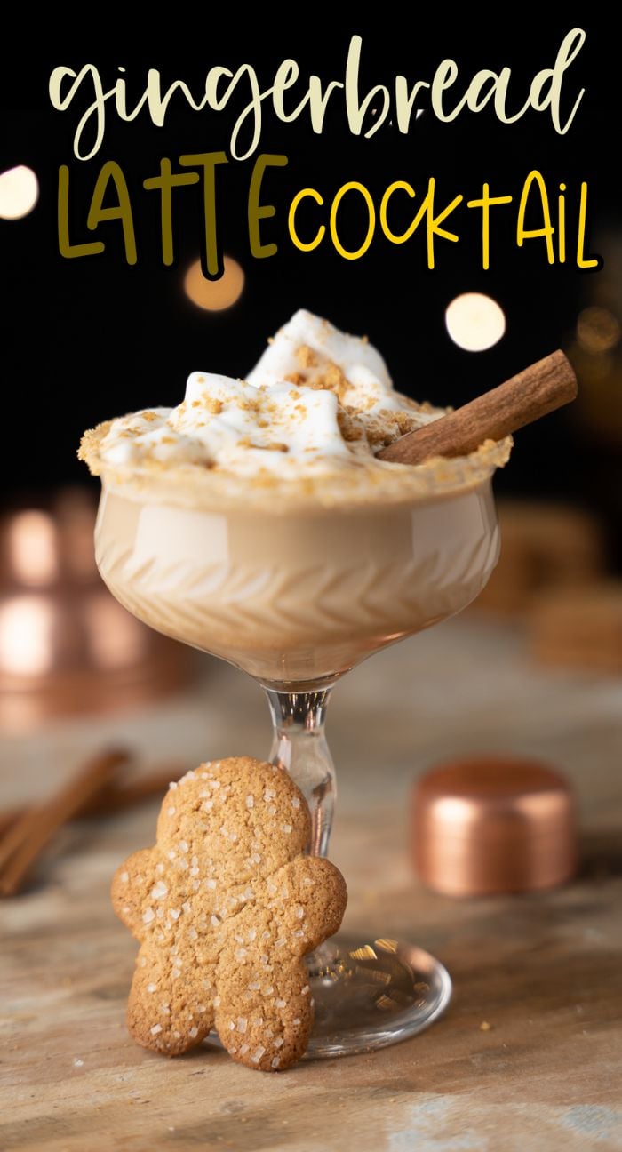 Glass of Gingerbread Latte Cocktail with whipped cream, cinnamon stick, and a gingerbread cookie in front—a festive Christmas dessert cocktail featuring spiced rum and coffee liqueur.