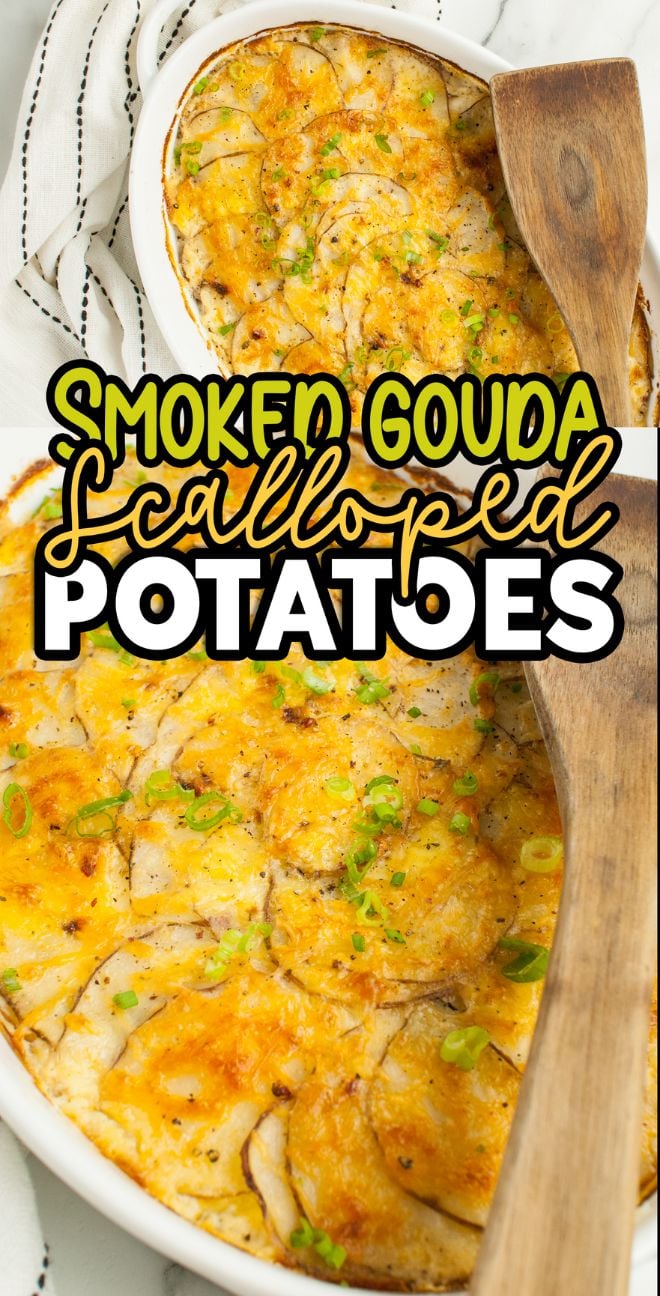 Baked scalloped potatoes with golden smoked gouda and white cheddar cheese topping in a white dish and a wooden spoon—truly the Best Potatoes Au Gratin.