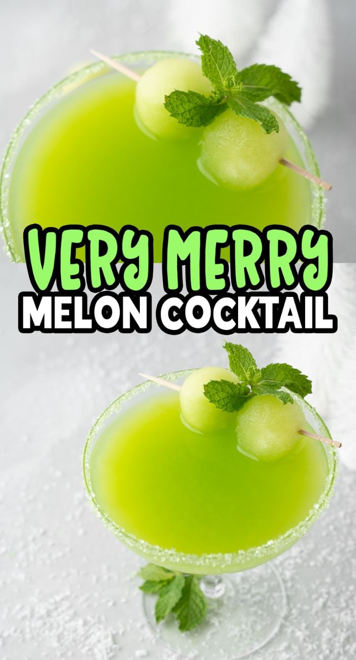 This Grinch green Christmas cocktail dazzles in a sugar-rimmed glass, garnished with melon balls and mint leaves—a truly Very Merry Melon Cocktail.
