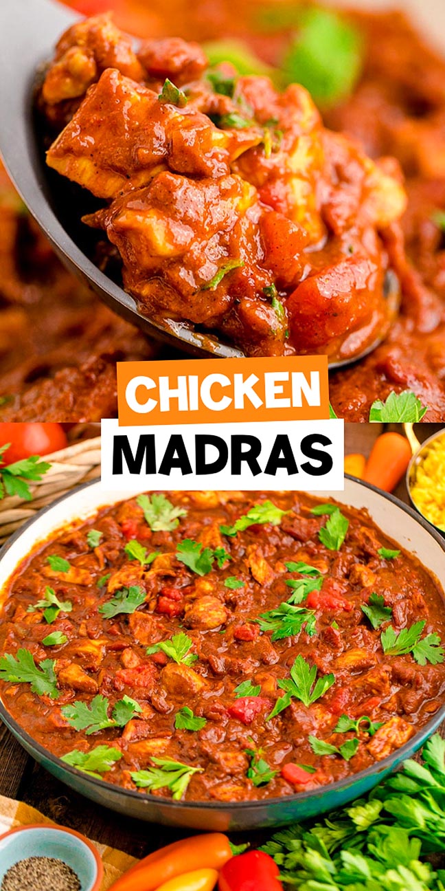 Close-up of spicy chicken madras curry in a pan, garnished with fresh parsley, with a spoonful lifted.