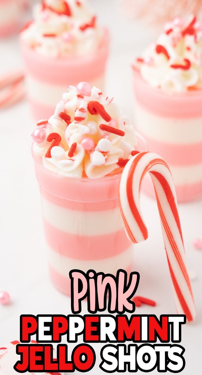 A pink and white Christmas shooter made with peppermint schnapps and whipping cream vodka, layered as festive jello shots, then topped with whipped cream, sprinkles, and a mini candy cane.