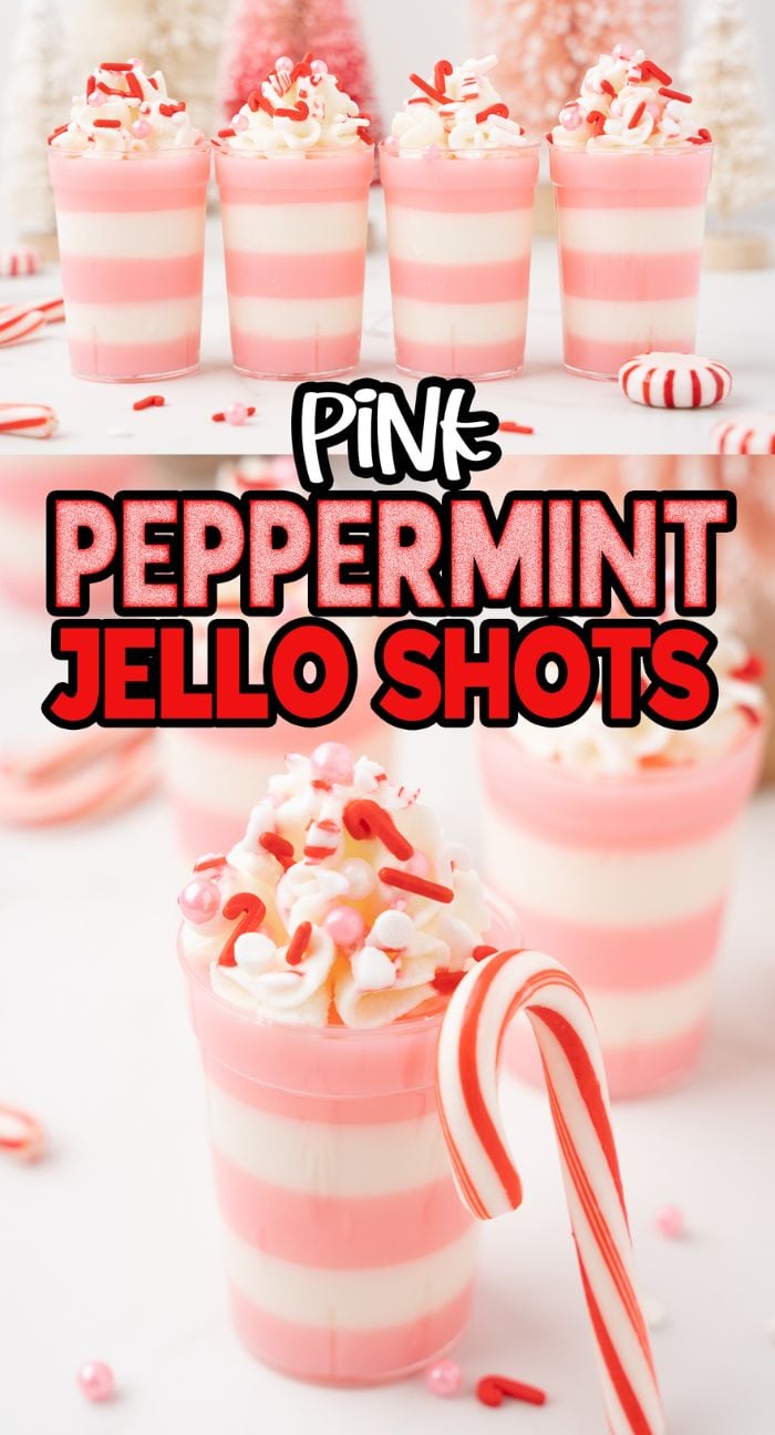 Pink Peppermint Jello Shots, made with peppermint schnapps and whipping cream vodka, are pink and white striped treats topped with whipped cream, sprinkles, and candy canes—perfect for a festive Christmas shooter.