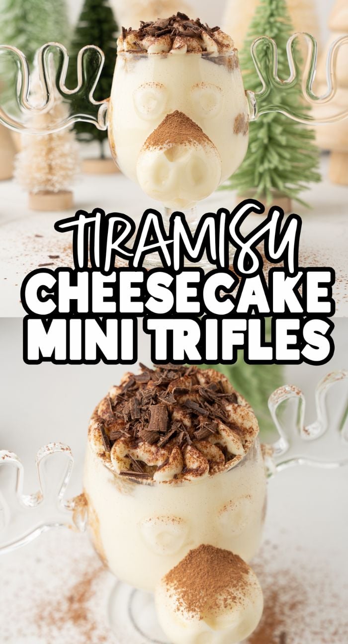 Tiramisu Cheesecake Mini Trifles in reindeer glasses, made with soft ladyfingers and mascarpone, topped with chocolate shavings and cocoa powder.