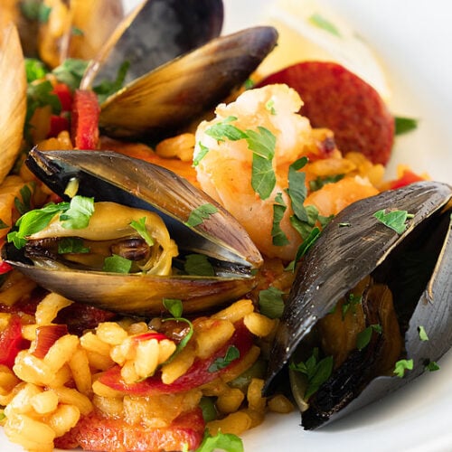 Seafood Paella with Mussels, Shrimp and Chorizo xoxoBella