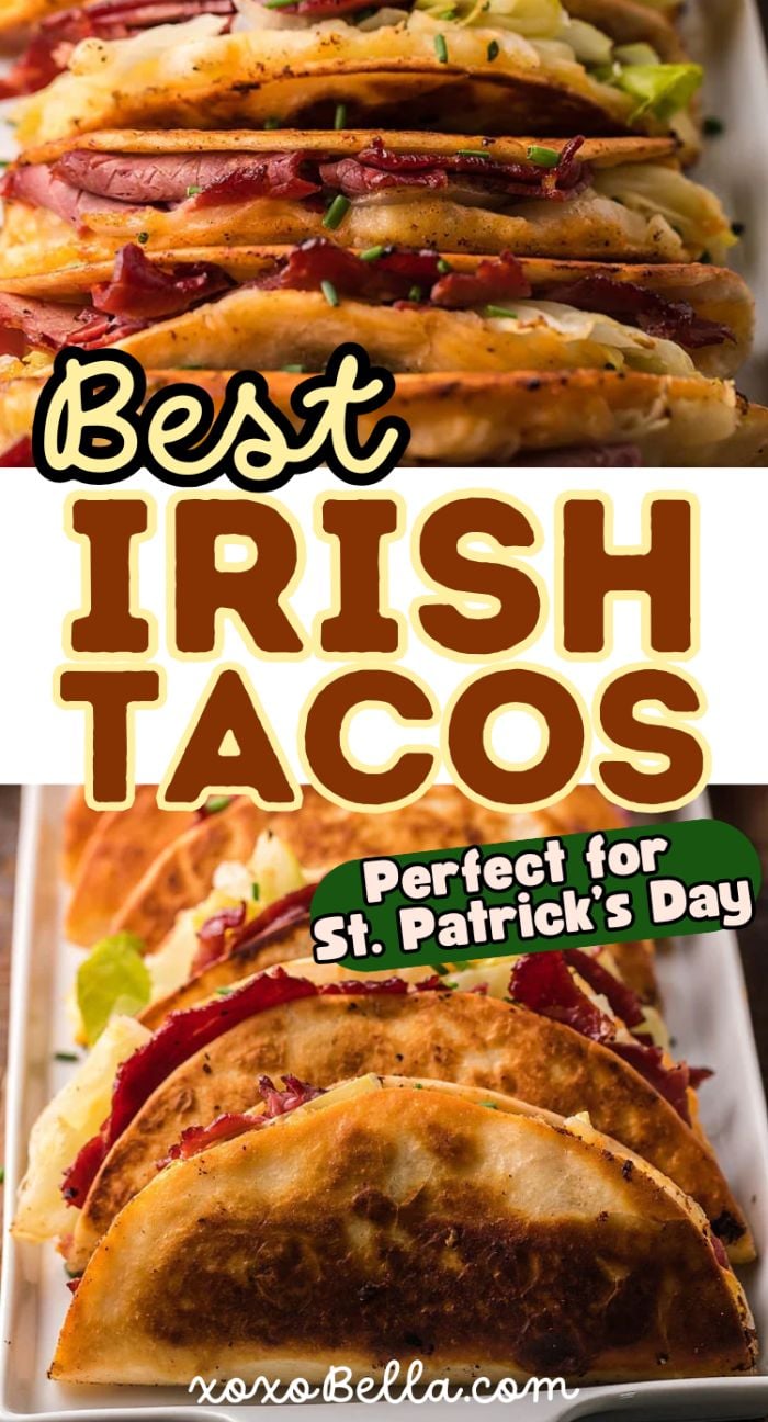 Close-up of crispy Irish tacos made with sliced corn beef, cabbage, and onions, served on a platter for St. Patrick’s Day.