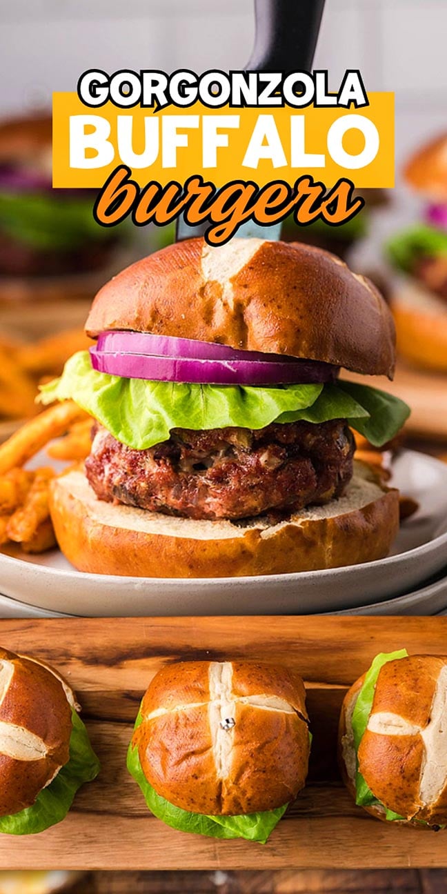 A gorgonzola buffalo burger with lettuce and onion on a bun, surrounded by more burgers and fries.