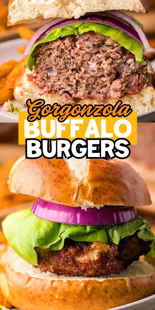 Two thick burgers with lettuce and red onion on buns, labeled “Gorgonzola Buffalo Burgers” in bold text.