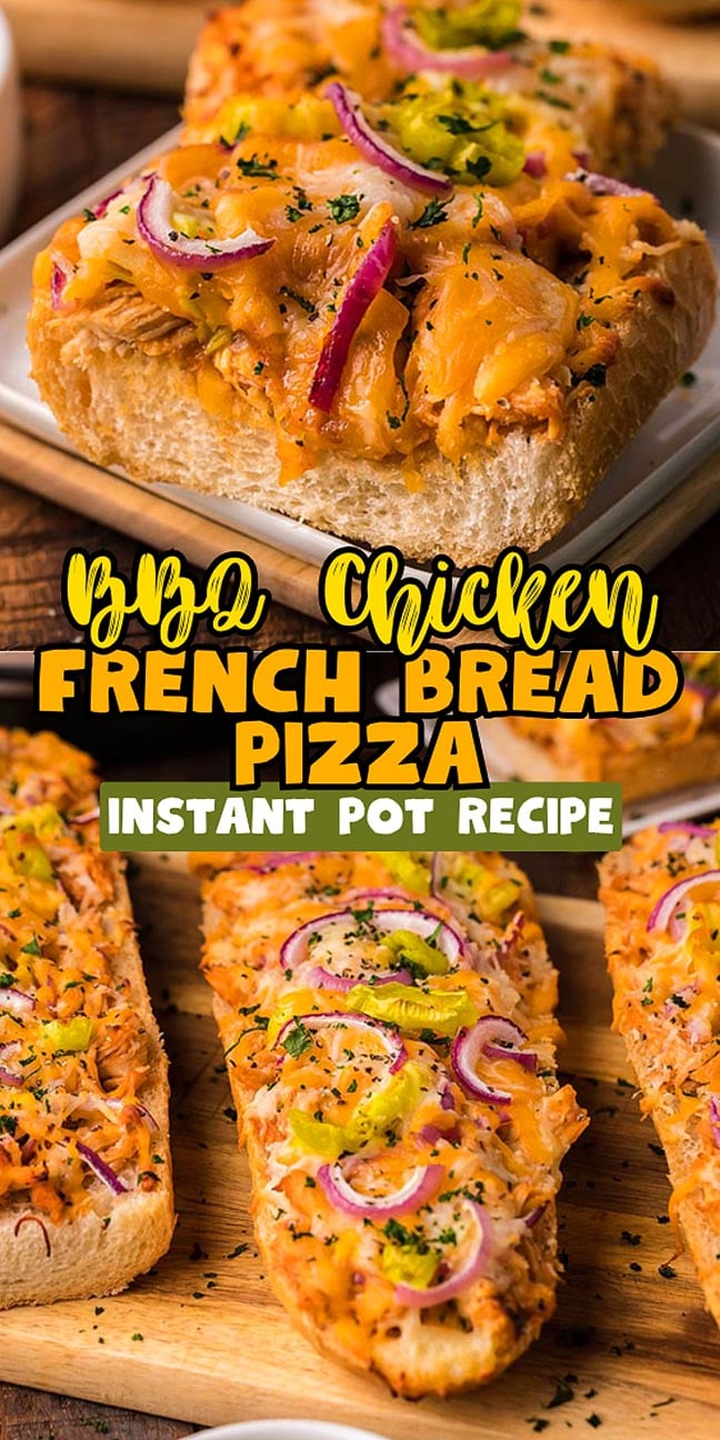 BBQ chicken French bread pizza topped with red onions, cheese, herbs, and peppers on a wooden board.