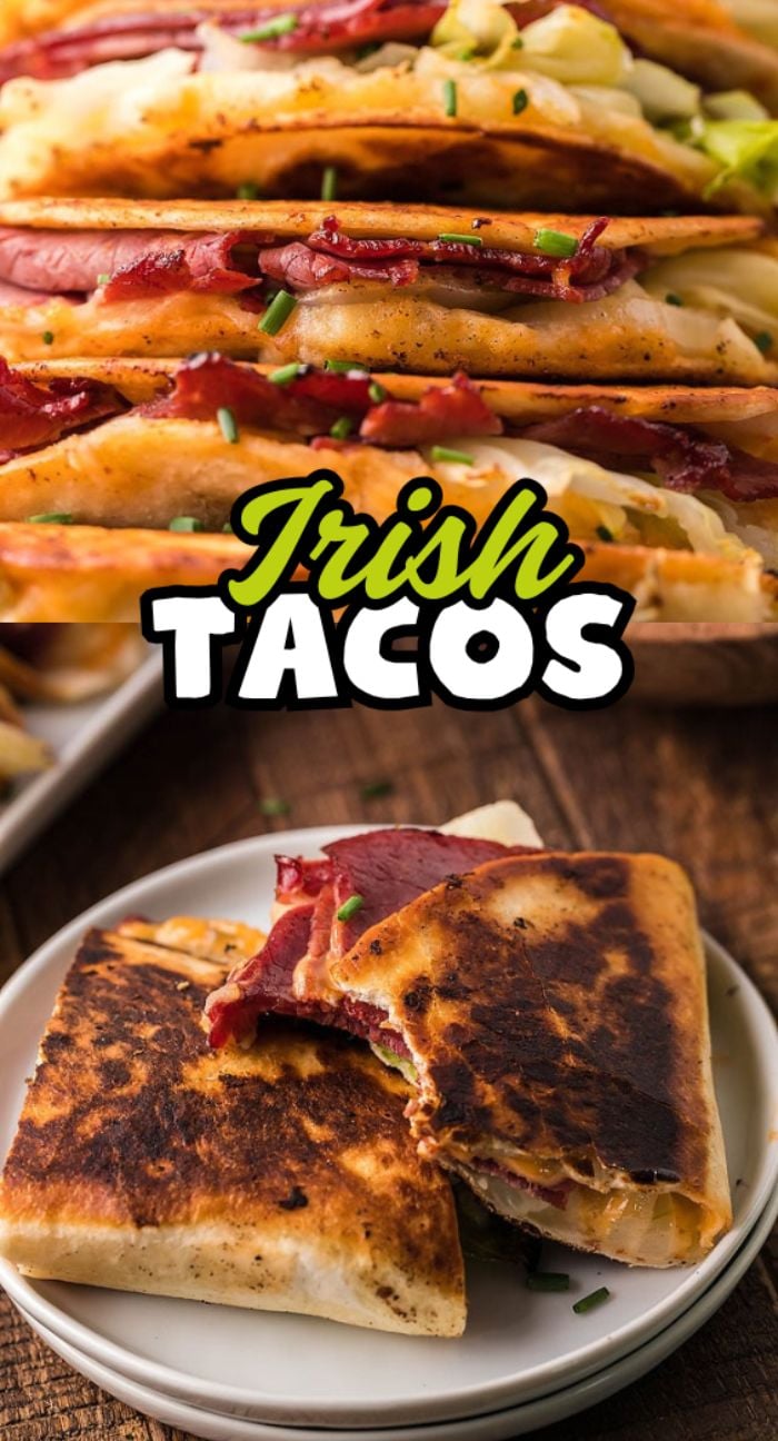 Stack of crispy Irish tacos with corned beef, cabbage and onions, plus two taco halves on a plate. Text overlay reads “Irish Tacos.”.