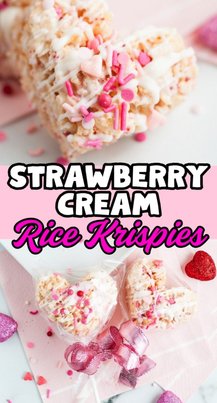 Heart-shaped Strawberry Cream Rice Krispies treats with white drizzle and pink sprinkles, wrapped for gifting and made extra special with bits of freeze dried strawberries.