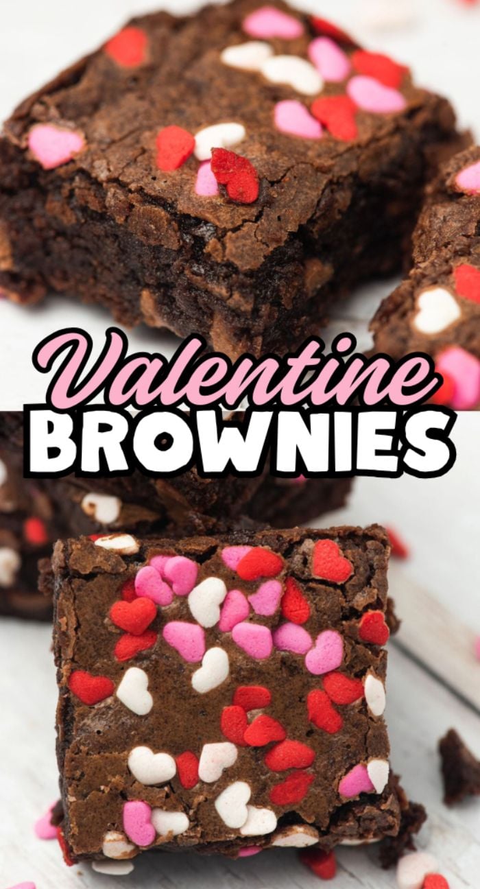 Chocolate brownies topped with heart shaped sprinkles in red, pink, and white, with text reading “Valentine Brownies.”.