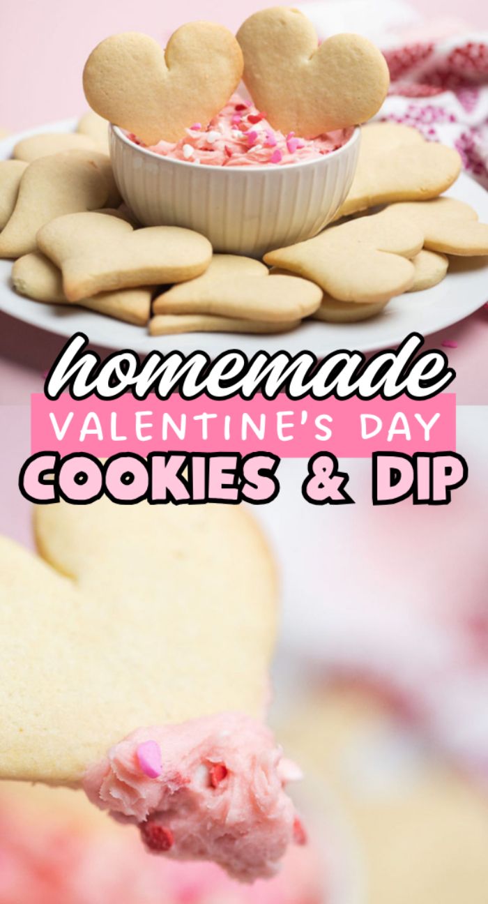 Heart-shaped Valentine's Day sugar cookies and pink dip in a bowl, styled with festive sprinkles for the perfect Valentine Cookies and Dip treat.