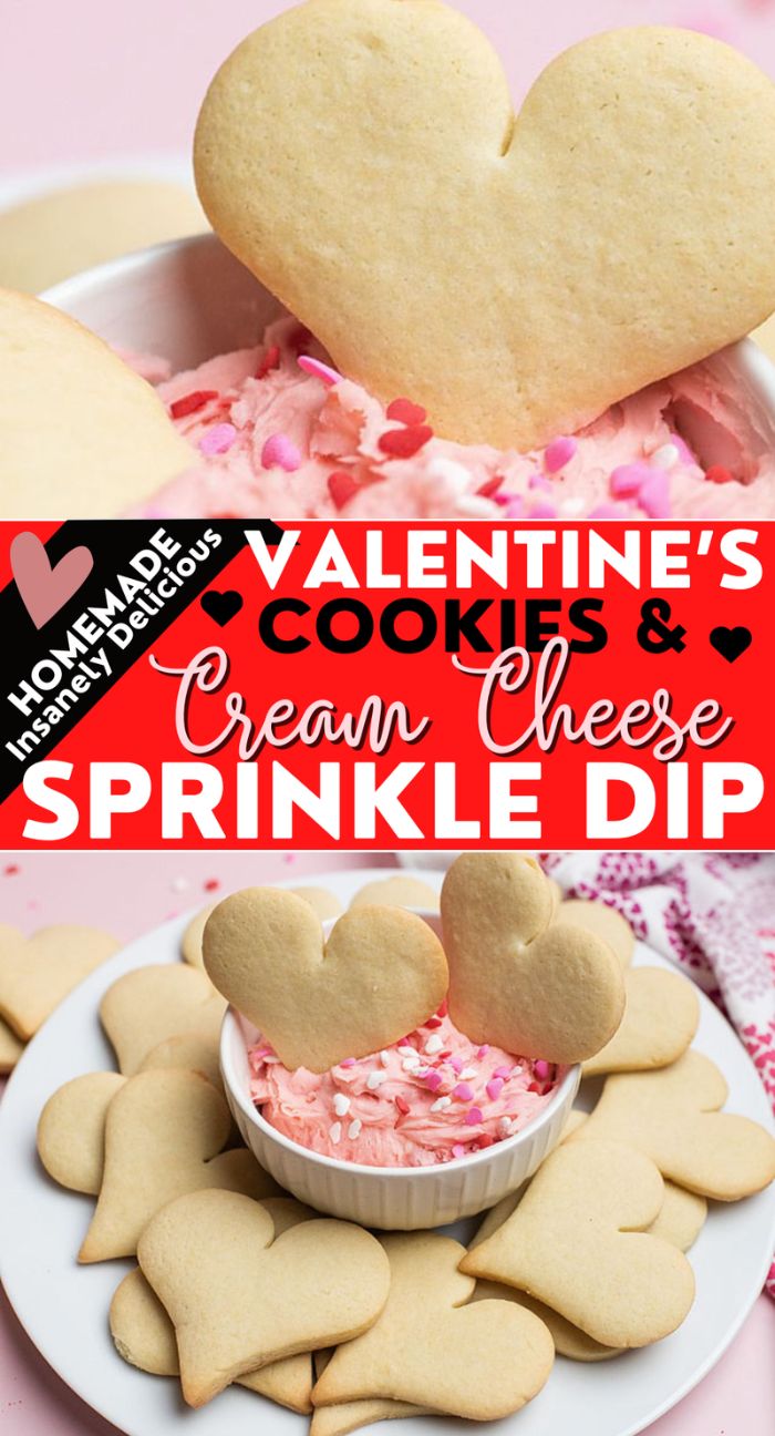 Heart-shaped Valentine Cookies and Dip with pink cream cheese sprinkle dip in a bowl, surrounded by more cookies on a plate—perfect for sharing as festive Valentine’s party treats.