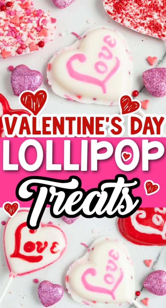 Heart-shaped lollipops with "Love" written on them, surrounded by pink and red Valentine's Day decorations, make perfect Valentine Lollipop Treats for your celebration.