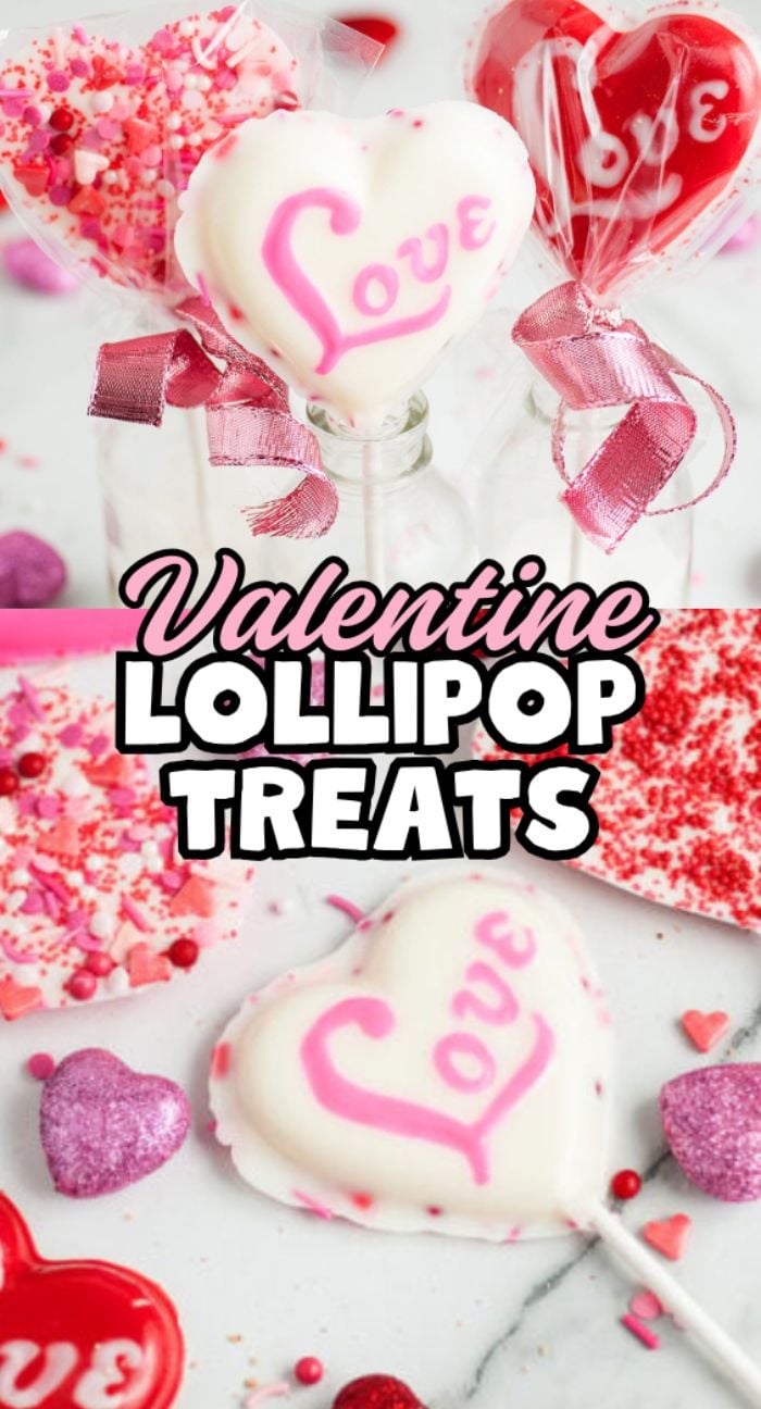 Heart-shaped chocolate heart lollipops with "Love" text, pink bows, and festive sprinkles make a perfect Valentine’s Day treat on a white background.