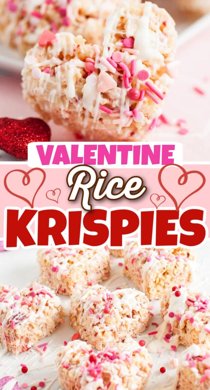 Heart-shaped Valentine strawberry rice krispie treats with pink and red sprinkles, drizzled with white icing and topped with freeze dried strawberries for a sweet, fruity twist.