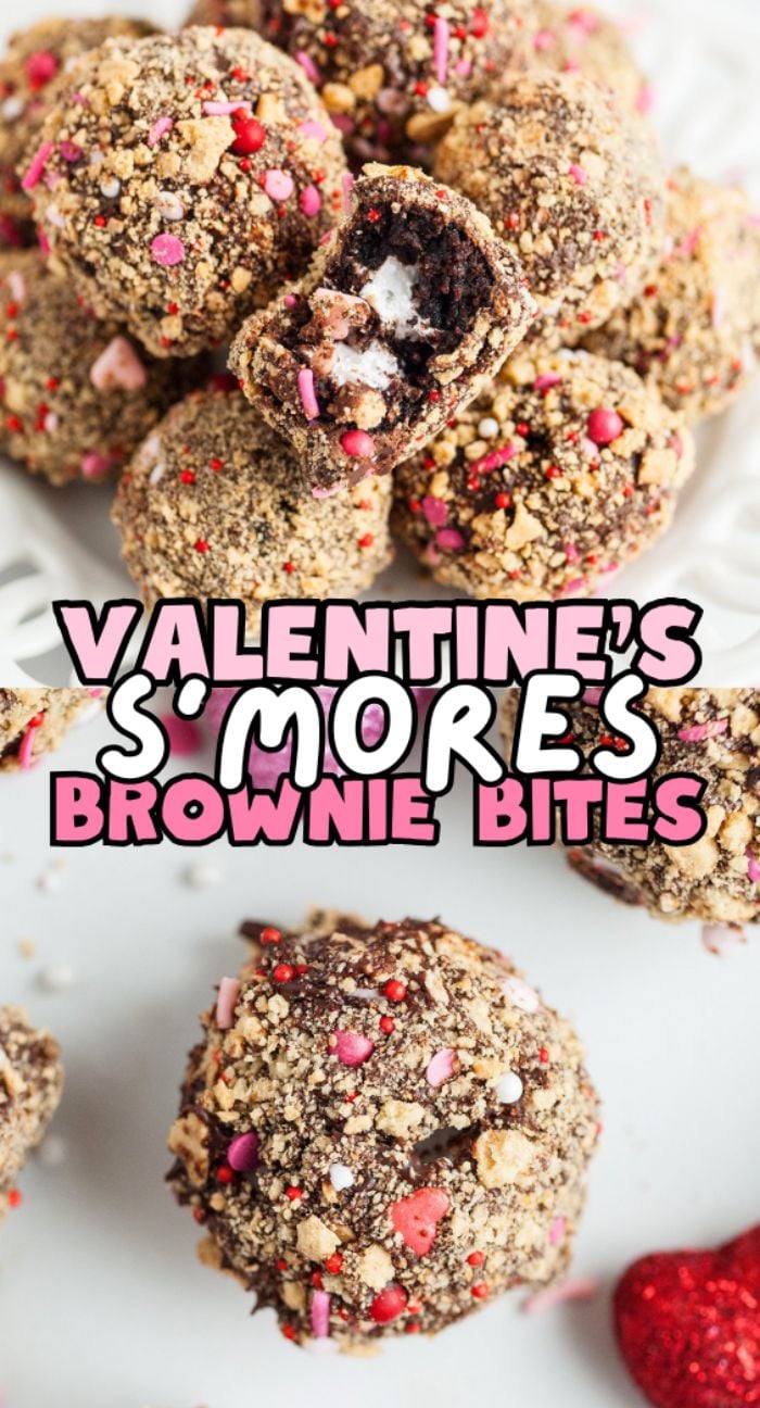 A plate of easy Valentine treats—s’mores brownie bites made using a boxed brownie mix—topped with red, pink, and white sprinkles and crushed graham crackers.