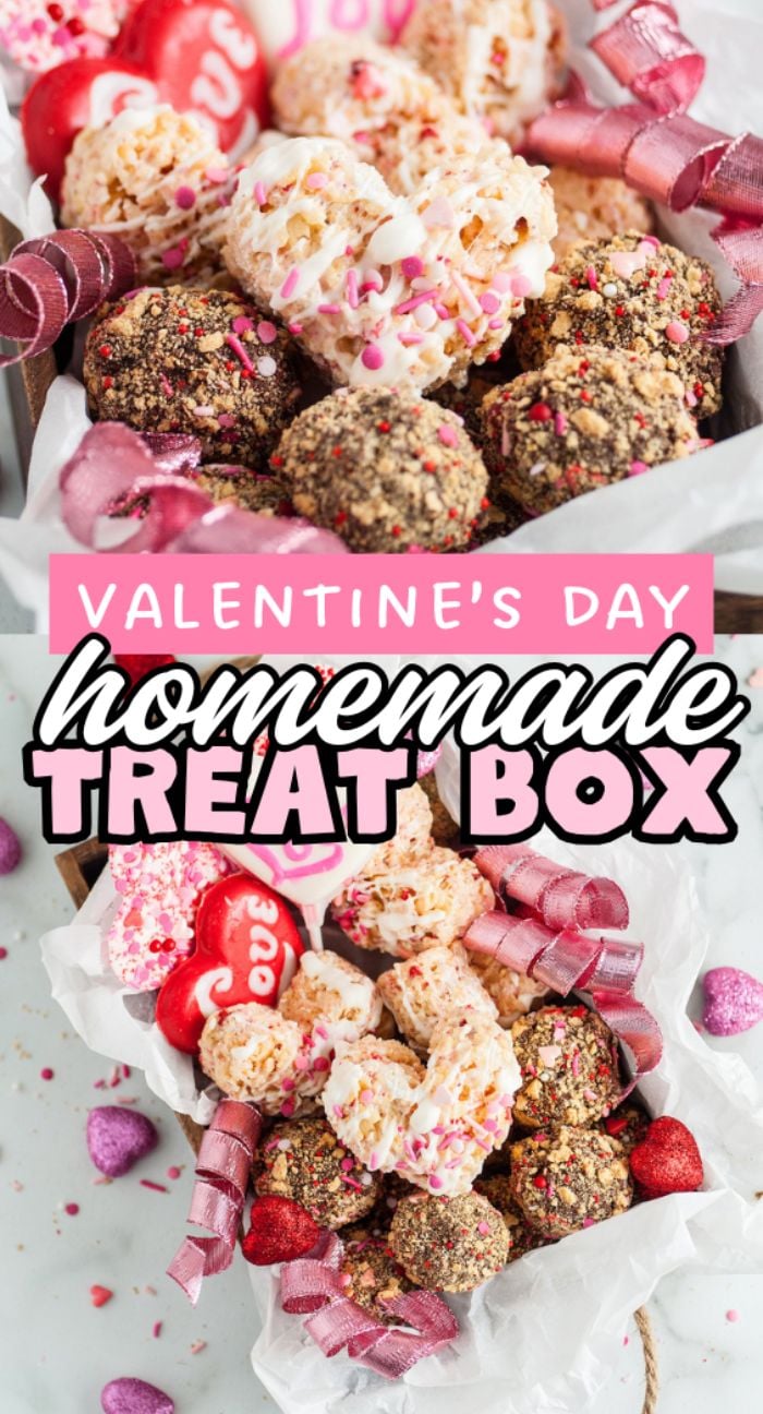 A Valentine’s Day Homemade Treat Box filled with decorated cookies, truffles, and ribbons in festive pink and red colors—perfect for sharing homemade valentine's treats with your loved ones.