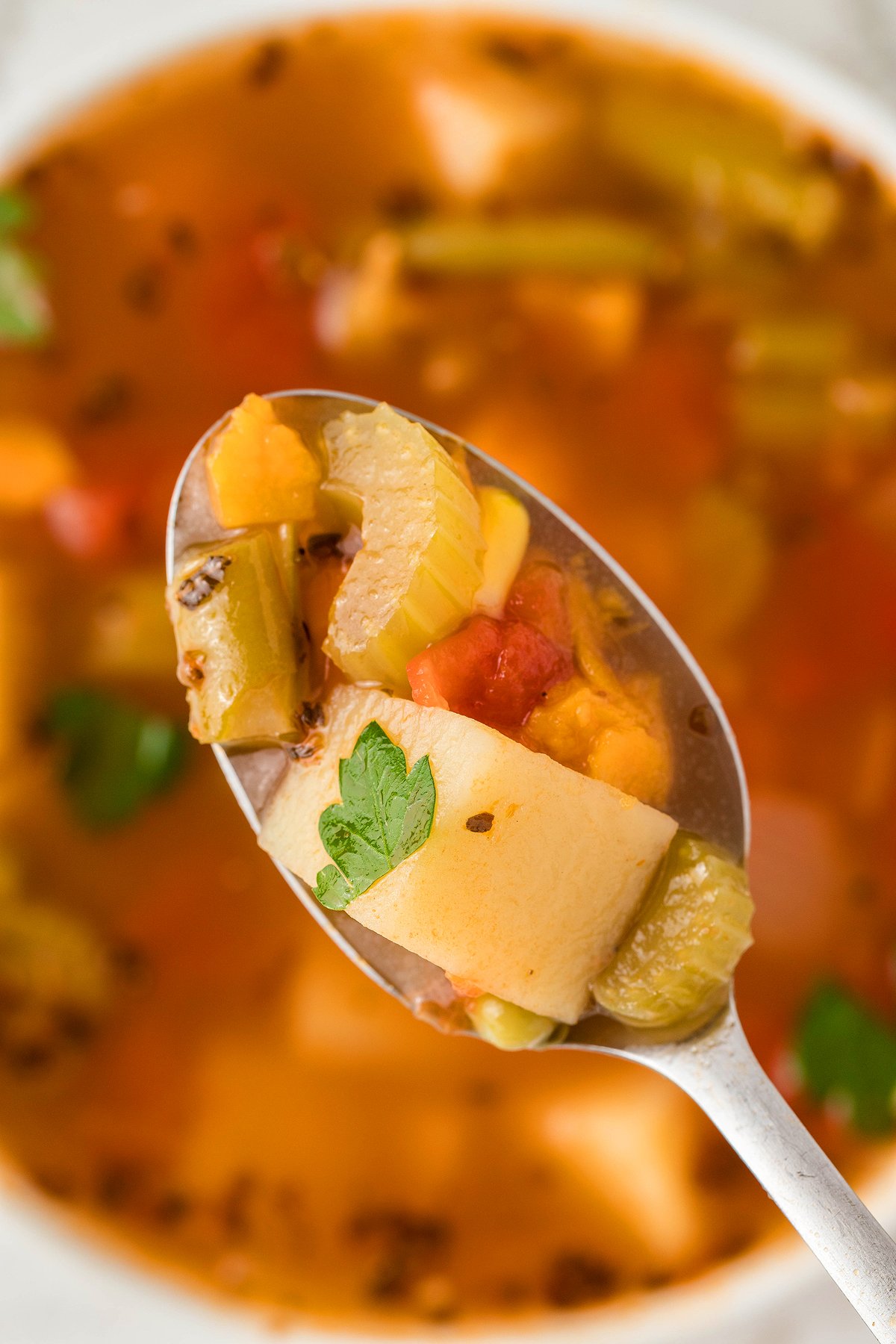 A spoonful of Instant Pot Vegetable Soup with potatoes, celery, carrots, tomatoes, and herbs—a perfect vegetarian or vegan soup recipe and a cozy 30 Minute Meal.