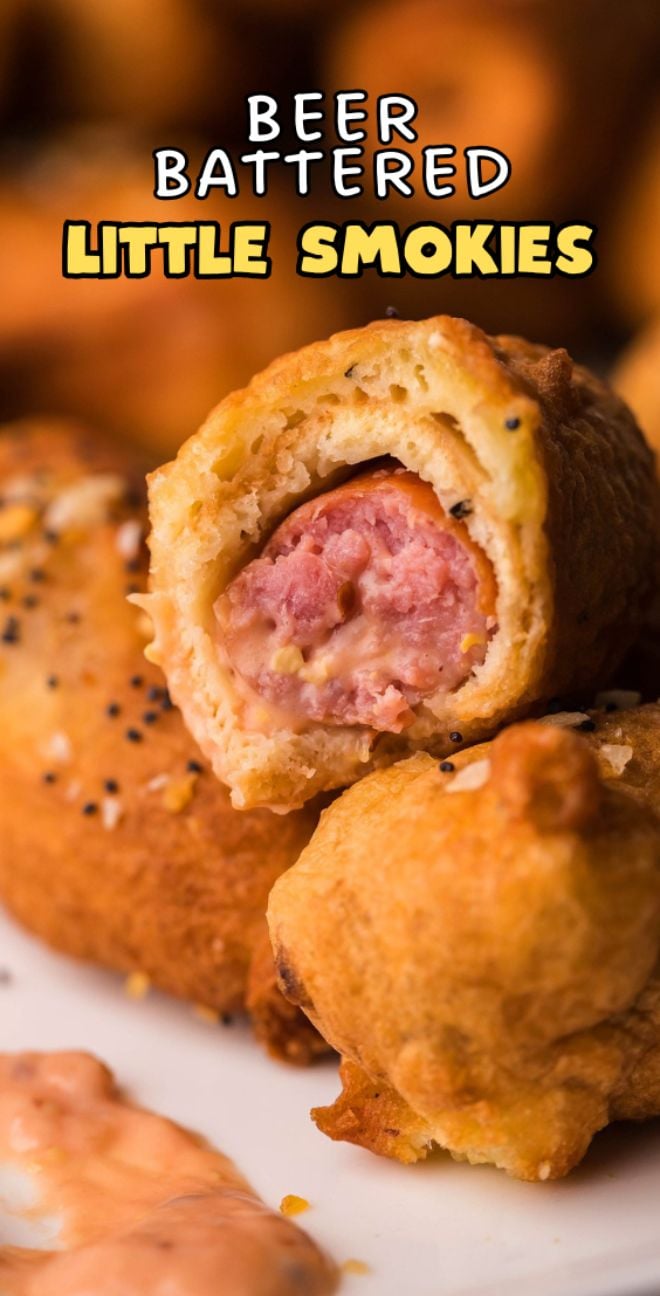 Close-up of a beer-battered sausage snack with text “Beer Battered Little Smokies” above it—perfect as a game day appy or crowd-pleasing appetizer or finger food.