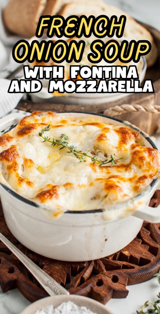 A bowl of French Onion Soup with Fontina and Mozzarella, topped with melted cheese and garnished with fresh thyme, brings a touch of Italian style onion soup to a classic favorite.