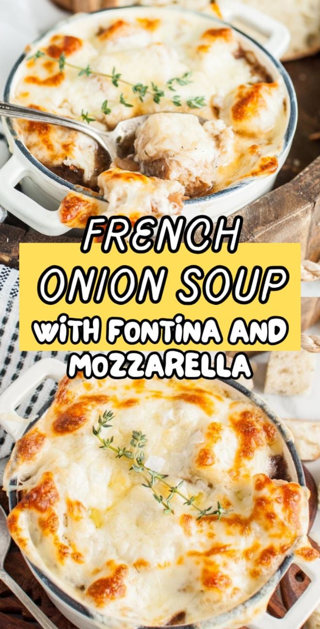 Two bowls of French Onion Soup with Fontina and Mozzarella, showcasing an Italian style onion soup with a gooey, golden soup topping.