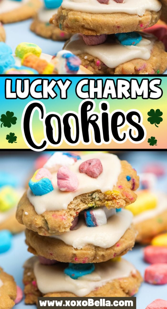 Stacked cookies with icing and colorful Lucky Charms marshmallows, one with a bite taken out—perfect for a fun Spring cookie recipe or festive treat for St. Patrick’s Day or Easter.
