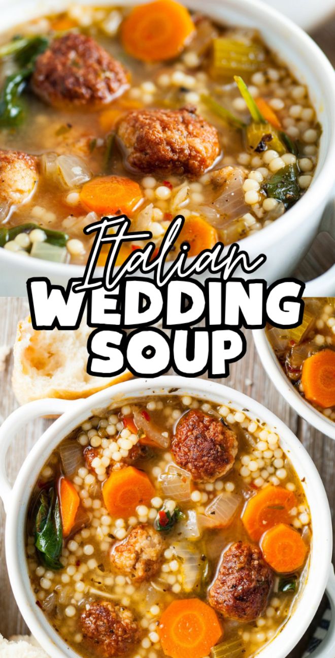 Two bowls of traditional Italian soup—mini meatball soup with carrots, greens, and soup with acini de pepe pasta—are shown, text overlaying the image.