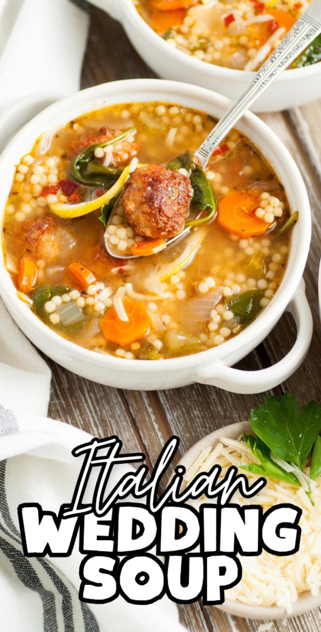 Bowl of Italian Wedding Soup, a traditional Italian soup with mini meatballs, carrots, spinach, and pasta, served with a spoon and cheese garnish.