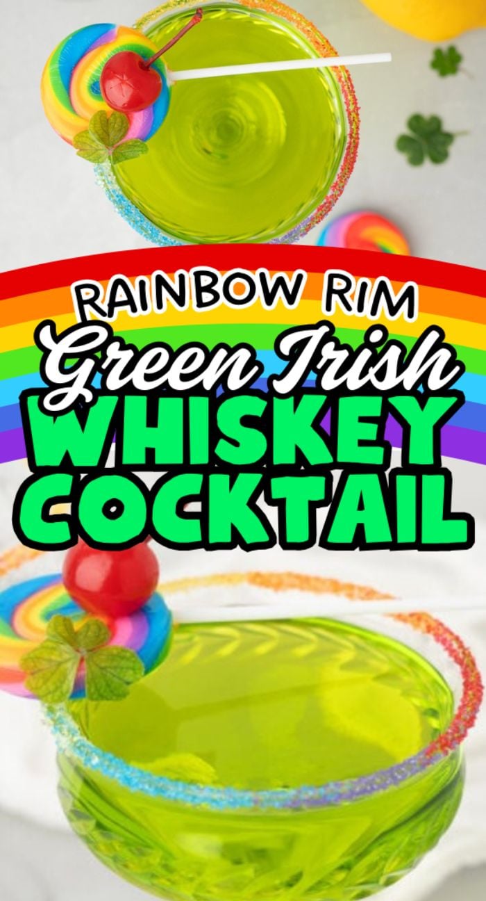 Rainbow Irish Whiskey Cocktail: A bright green whiskey and melon liqueur cocktail with a rainbow candy rim, cherry, lime slice, and vibrant rainbow background—perfect for St. Patrick’s Day or Pride Day celebrations.