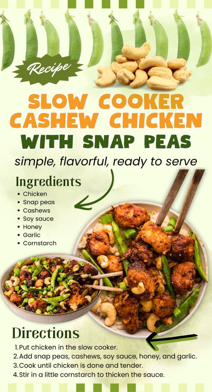 Overhead view of Slow Cooker Cashew Chicken with snap peas in a bowl and on a plate, surrounded by ingredients—an easy slow cooker chicken recipe inspired by classic Chinese chicken flavors.