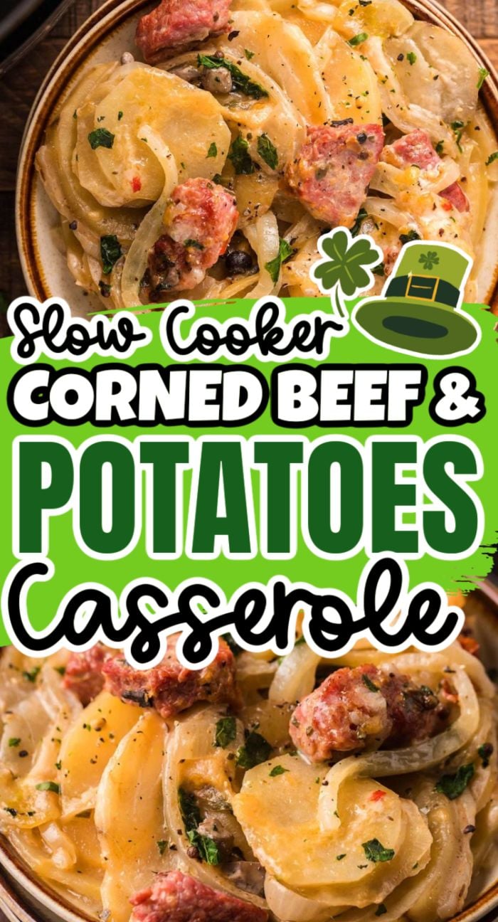 A bowl of food with text overlay, featuring Crockpot cheesy corned beef and potatoes—perfect for a cozy St. Patrick’s Day meal.