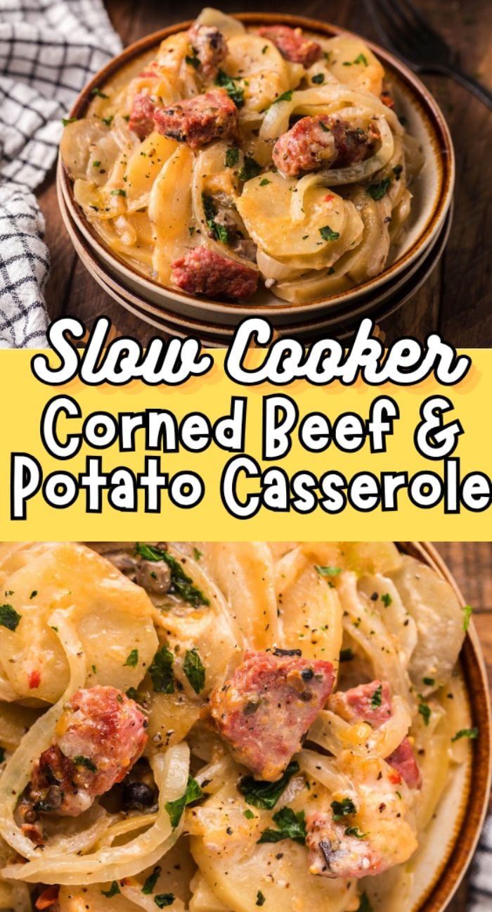 Close-up of corned beef and potato casserole with creamy sauce, herbs, and melted pepper jack cheese—a comforting dish perfect for St. Patrick’s Day or anytime you crave slow cooker corned beef casserole.