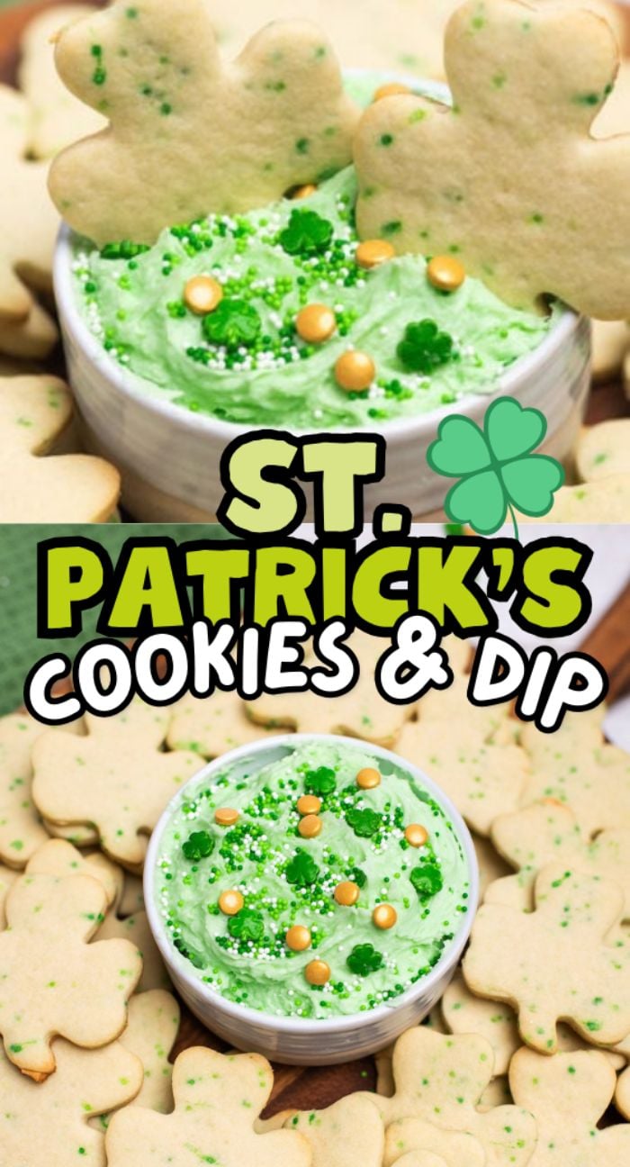 A bowl of green Dunkaroos dip with gold and white sprinkles, surrounded by shamrock-shaped cookies—perfect for your St. Patty's party ideas!.