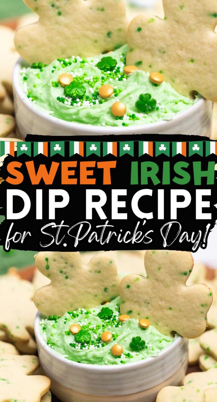 Green dip with sprinkles in a bowl, topped with shamrock cookies—a festive St. Patrick's Cookies and Buttercream Dip perfect for your St. Patty's party ideas!.