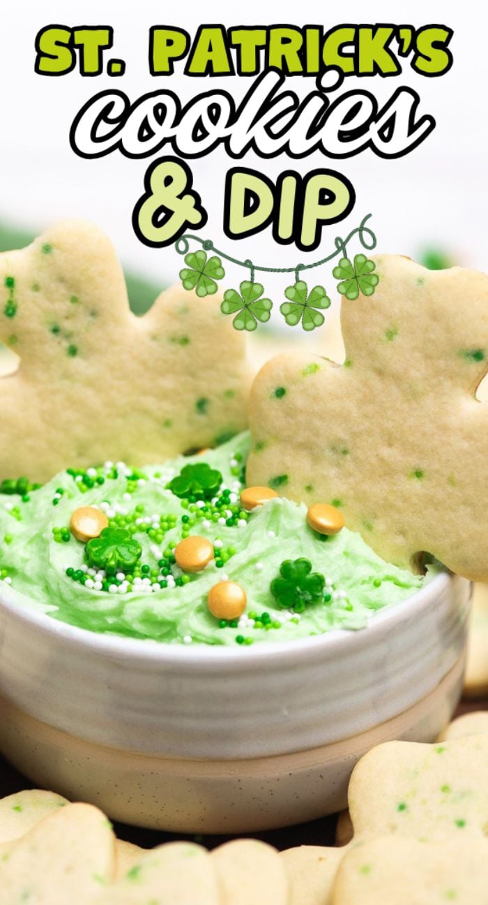 Shamrock sugar cookies with green dip, inspired by Dunkaroos, make festive St. Patrick's Cookies and Buttercream Dip for your holiday celebration.