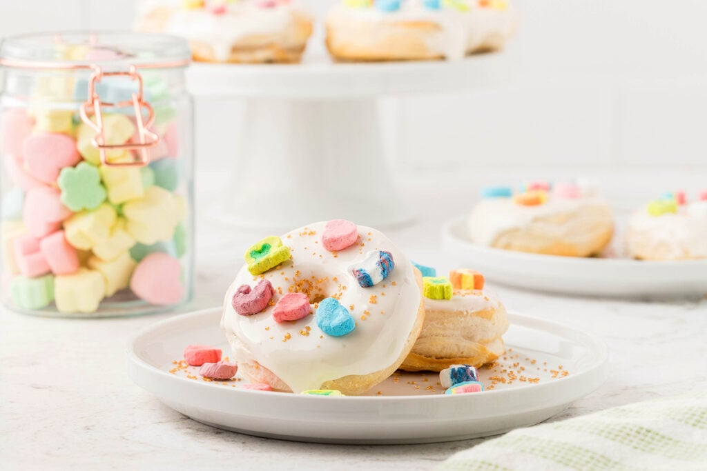 air fryer Lucky Charms marshmallow donuts for St. Patrick's Day or Easter made with canned buttermilk biscuits.