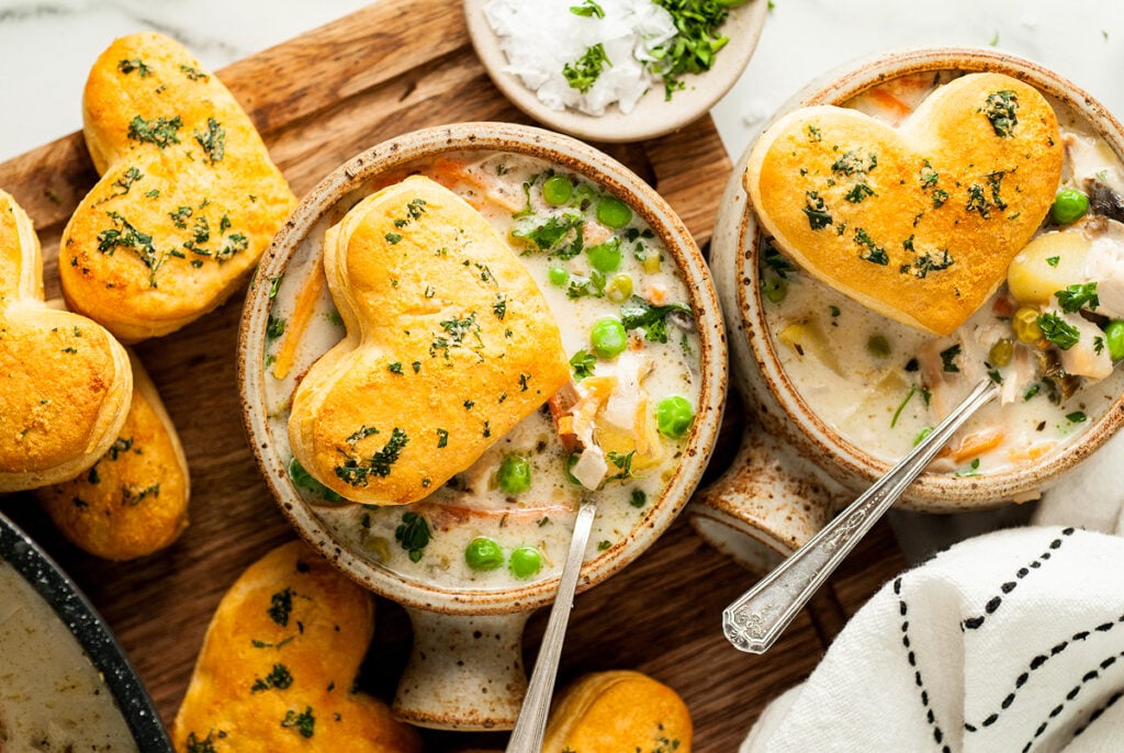 Chicken pot pies with heart biscuits on top.