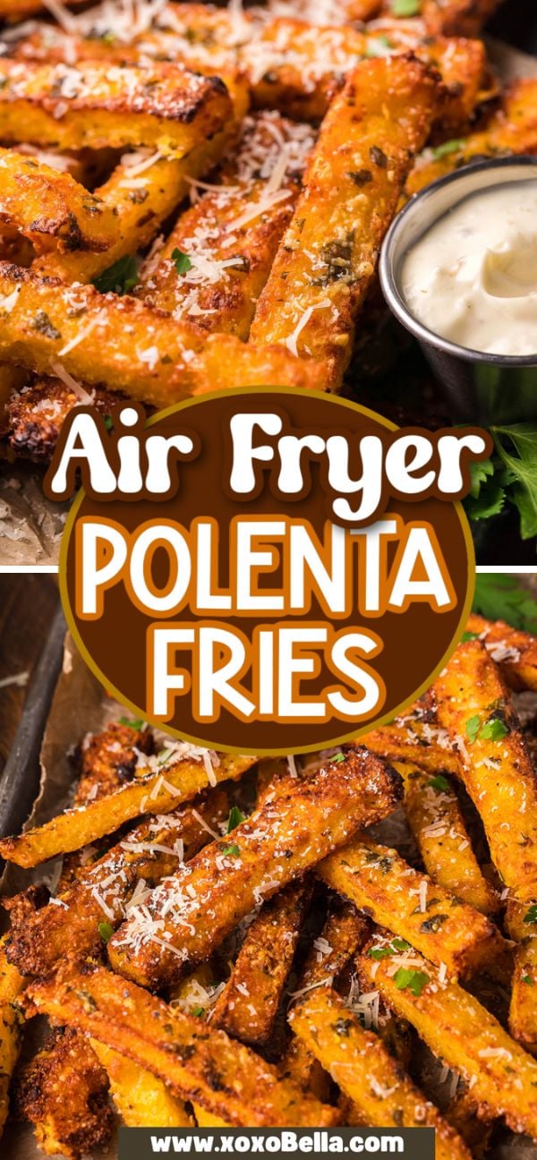 Golden Air Fryer Polenta Fries made from cornmeal, topped with grated cheese, and served with a rich truffle mayo dipping sauce for the perfect snack.