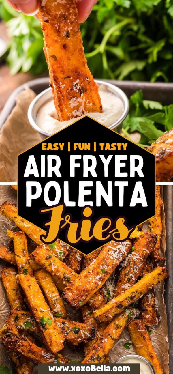A hand dips a crispy Air Fryer Polenta Fry—cornmeal French fries—into sauce, with more golden fries served on a tray below. This tasty side dish or appetizer is perfect for sharing.