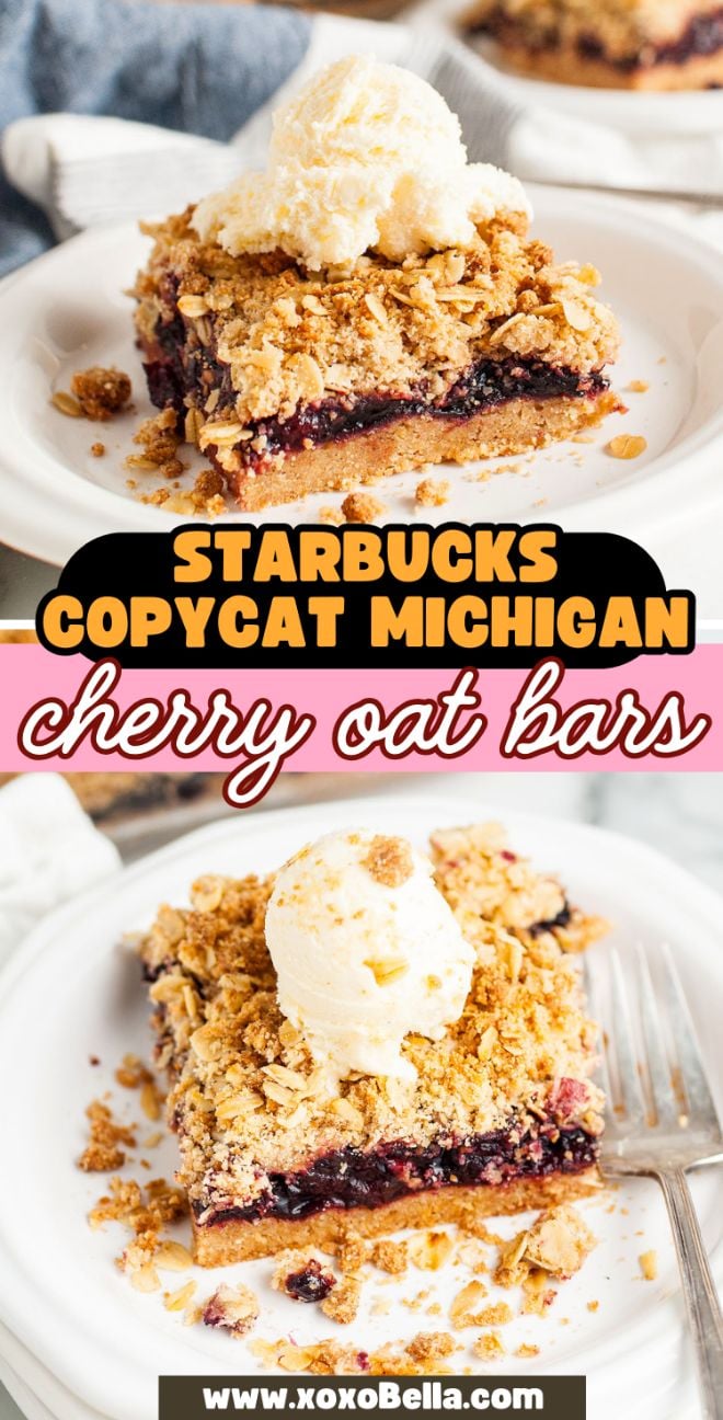 A cherry oat bar inspired by the Starbucks Copycat Michigan Cherry Oat Bars, topped with vanilla ice cream on a white plate, with a fork beside it.