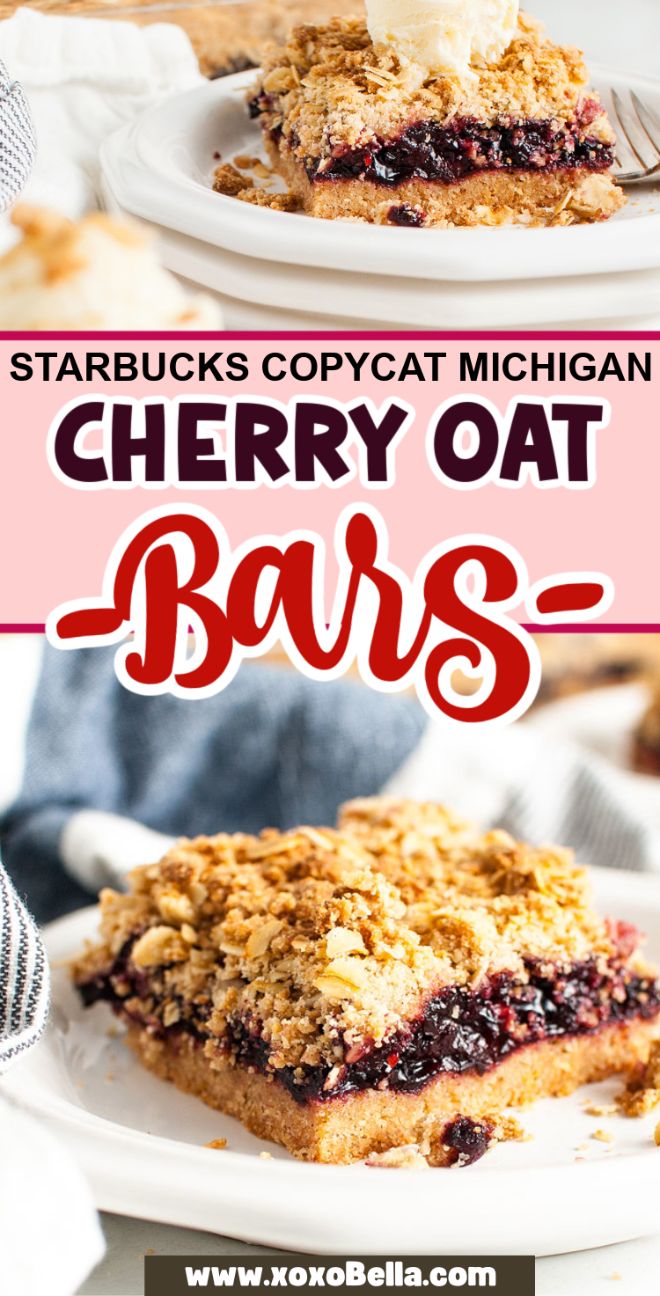 Two cherry pie bars topped with crumbly oat streusel and a scoop of ice cream on a white plate—a delicious Starbucks copycat recipe.