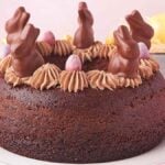 Chocolate cake decorated with chocolate Easter bunnies and eggs on a white plate, with Lindt gold bunnies gleaming in the background, creating the perfect Easter dessert.