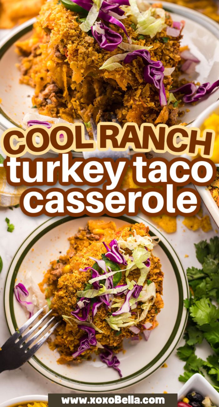 Plate of casserole with ground turkey topped with shredded lettuce and purple cabbage, with text overlay—a delicious Mexican inspired meal.