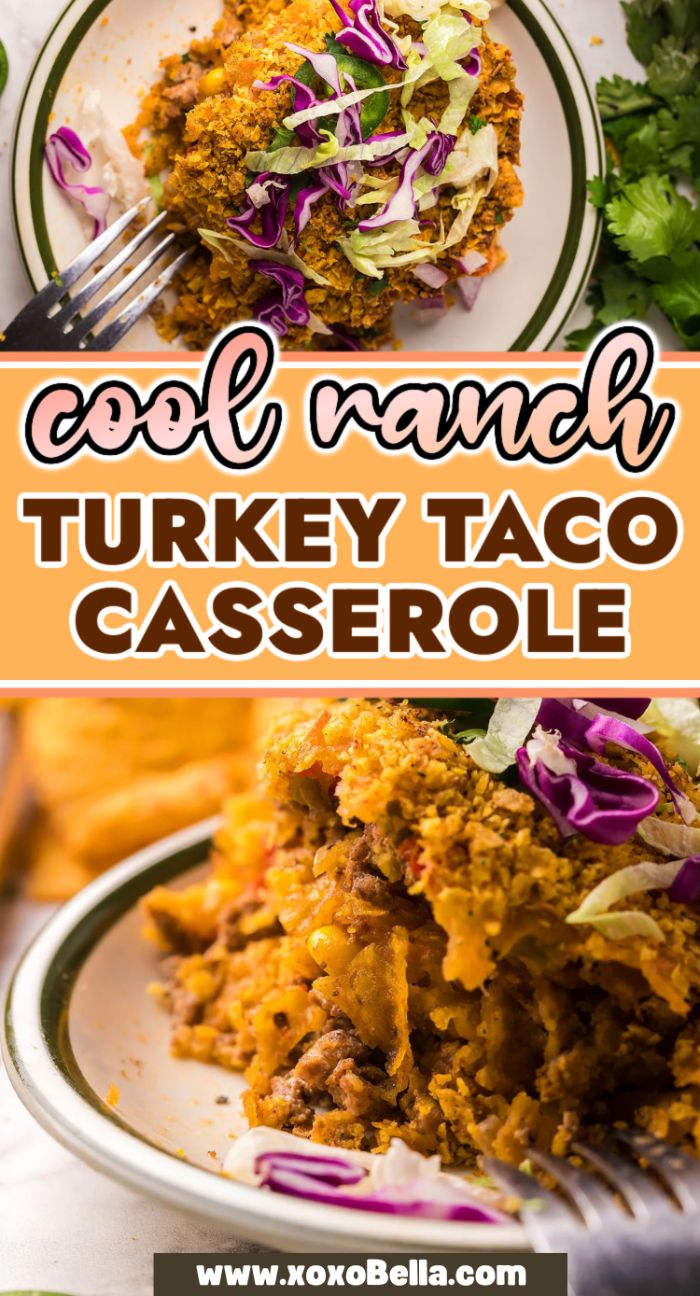 Plate of Cool Ranch Turkey Taco Casserole topped with shredded lettuce, cabbage, and a fork, with text overlay.