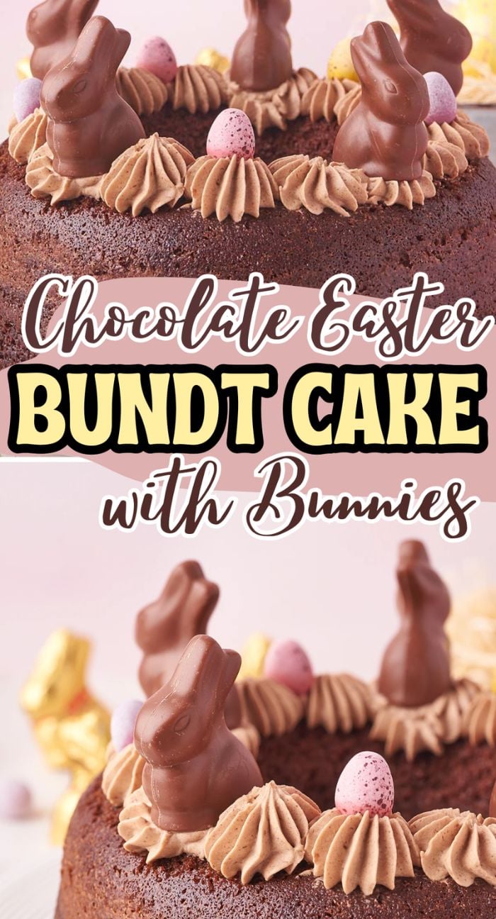 Chocolate bundt cake, the perfect Easter dessert, decorated with chocolate Easter bunnies and a Lindt gold bunny, swirled frosting, and small speckled eggs.