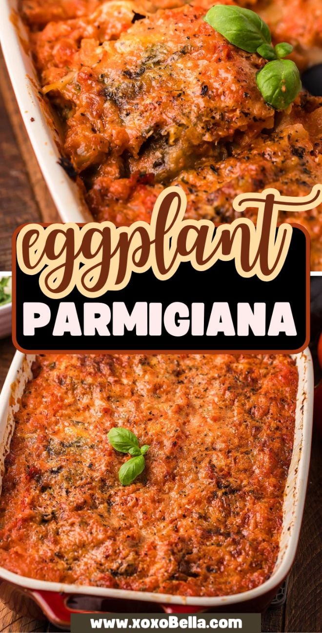 Close-up of authentic Italian recipe Parmigiana di Melanzane in a dish, topped with melted cheese and fresh basil leaves.