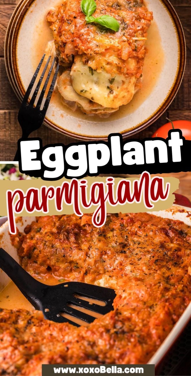 A serving of eggplant parmigiana on a plate with a fork, beside a baking dish of this authentic Italian recipe.